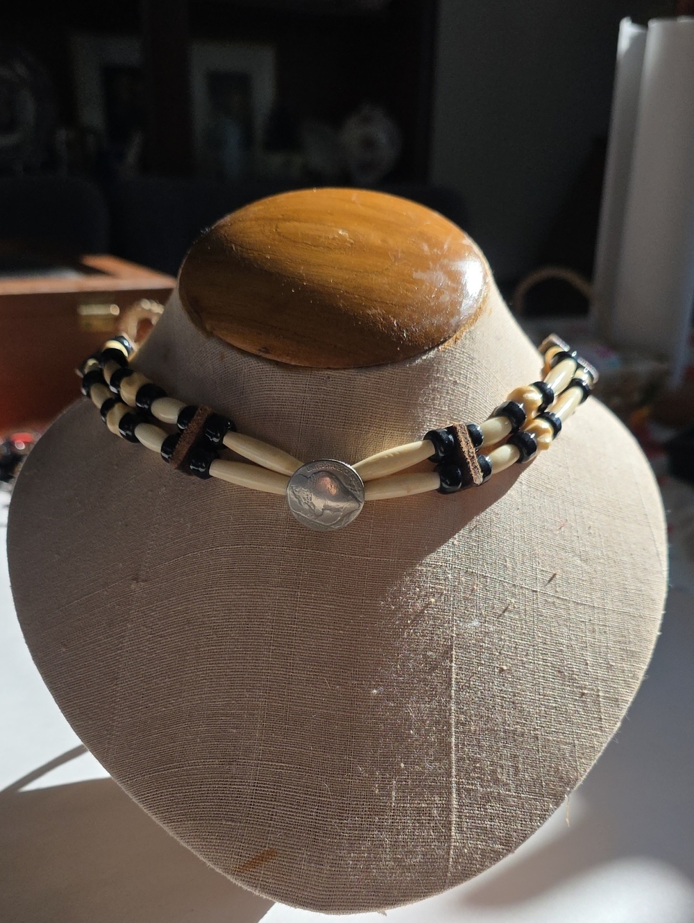 Double-Strand Carved Bone, Leather & Beaded Choker Necklace with Buffalo Nickel